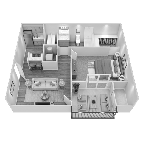 Floor plan for 1 bed, 1 bath, 652 sqft